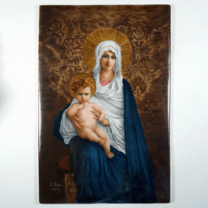 Antique French Hand Painted Porcelain Plaque Virgin Mary & Baby Jesus Portrait