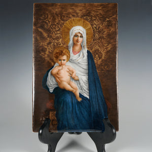 Antique French Hand Painted Porcelain Plaque Virgin Mary & Baby Jesus Signed & Dated 1894 | Religious Miniature Portrait Painting, Madonna Mother & Child