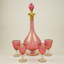 Load image into Gallery viewer, Antique Pink &amp; Gold Gilt Glass Liquor Set Decanter Cordial Glasses Cups
