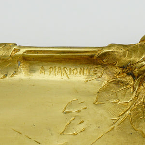 Antique French Art Nouveau Bronze Figural Pen Tray, Desk Trinket Dish, Vide Poche, Signed A. Marionnet