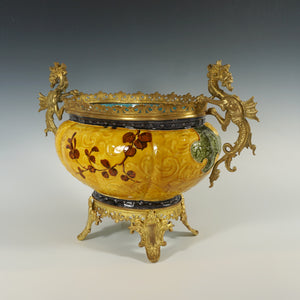 Large Antique Aesthetic French Faience Jardinière Cache Pot, Yellow & Turquoise Glaze, Bronze Dragon Mounts