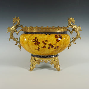 Large Antique Aesthetic French Faience Jardinière Cache Pot, Yellow & Turquoise Glaze, Bronze Dragon Mounts
