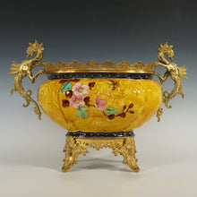 Load image into Gallery viewer, Large Antique Aesthetic French Faience Jardinière Cache Pot, Yellow &amp; Turquoise Glaze, Bronze Dragon Mounts
