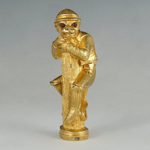 Antique Gilt Bronze Monkey Jockey Wax Seal Desk Stamp, Red Jeweled Eyes, Sculpture Figural