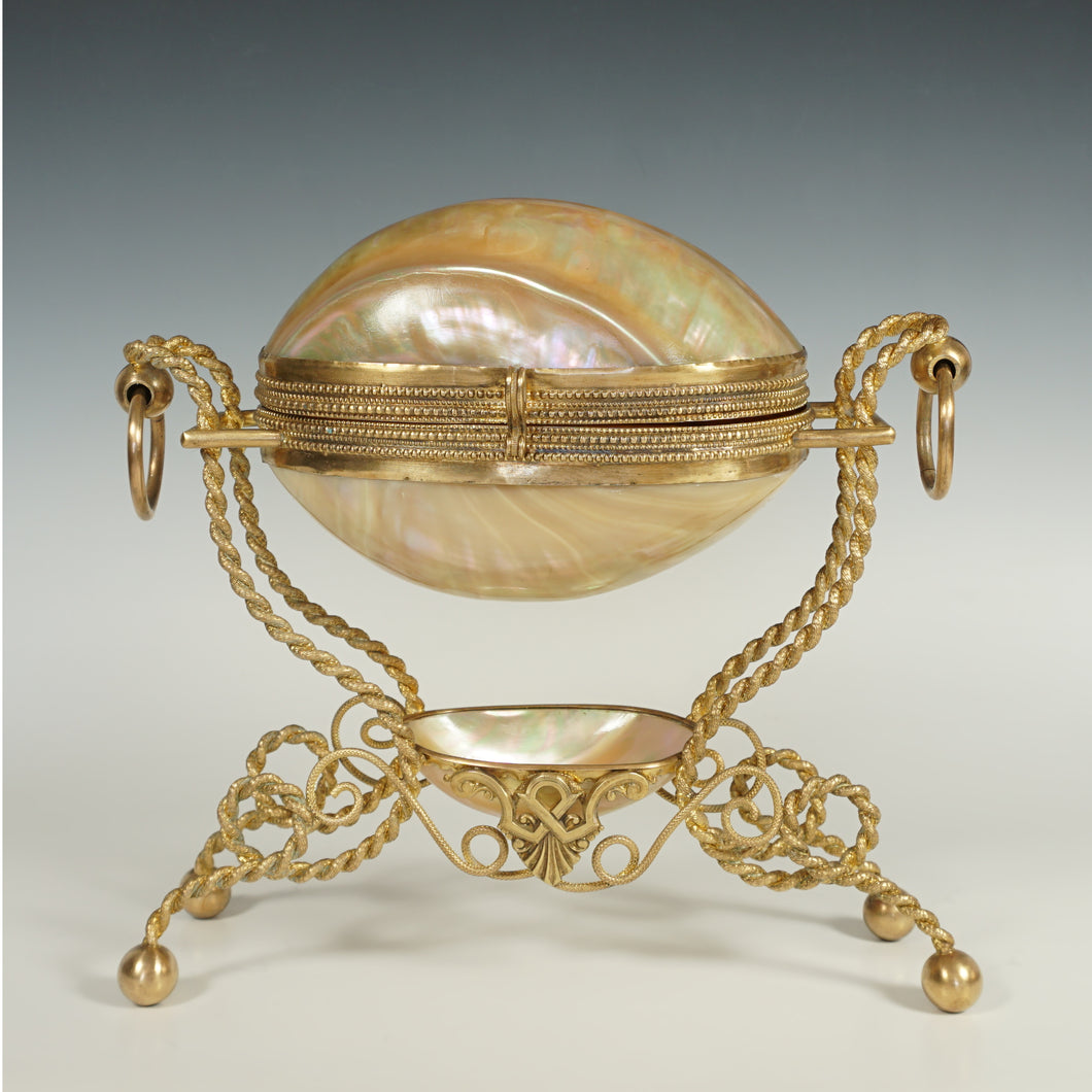 Large Antique French Palais Royal Mother of Pearl Egg Shaped Ormolu Jewelry Trinket Box