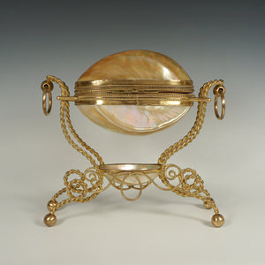 Large Antique French Palais Royal Mother of Pearl Egg Shaped Ormolu Jewelry Trinket Box
