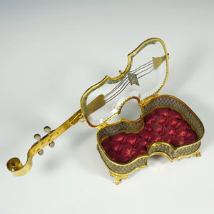 Antique French Beveled Glass Jewelry Box, Violin Form, Gilt Ormolu Display Vitrine Case