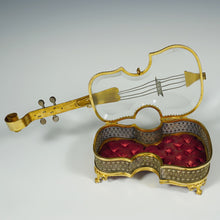 Load image into Gallery viewer, Antique French Beveled Glass Jewelry Box, Violin Form, Gilt Ormolu Display Vitrine Case
