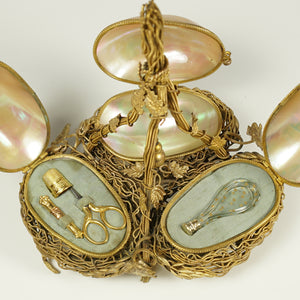 Antique French Palais Royal Triple Egg Mother Of Pearl Etui Trinket Box, Sewing Etui, Embroidery Sewing Tools, Silver & Crystal Perfume Bottle, Jewelry Box, Ormolu Birds Nest