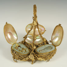 Load image into Gallery viewer, Antique French Palais Royal Triple Egg Mother Of Pearl Etui Trinket Box, Sewing Etui, Embroidery Sewing Tools, Silver &amp; Crystal Perfume Bottle, Jewelry Box, Ormolu Birds Nest
