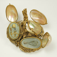 Load image into Gallery viewer, Antique French Palais Royal Triple Egg Mother Of Pearl Etui Trinket Box, Sewing Etui, Embroidery Sewing Tools, Silver &amp; Crystal Perfume Bottle, Jewelry Box, Ormolu Birds Nest

