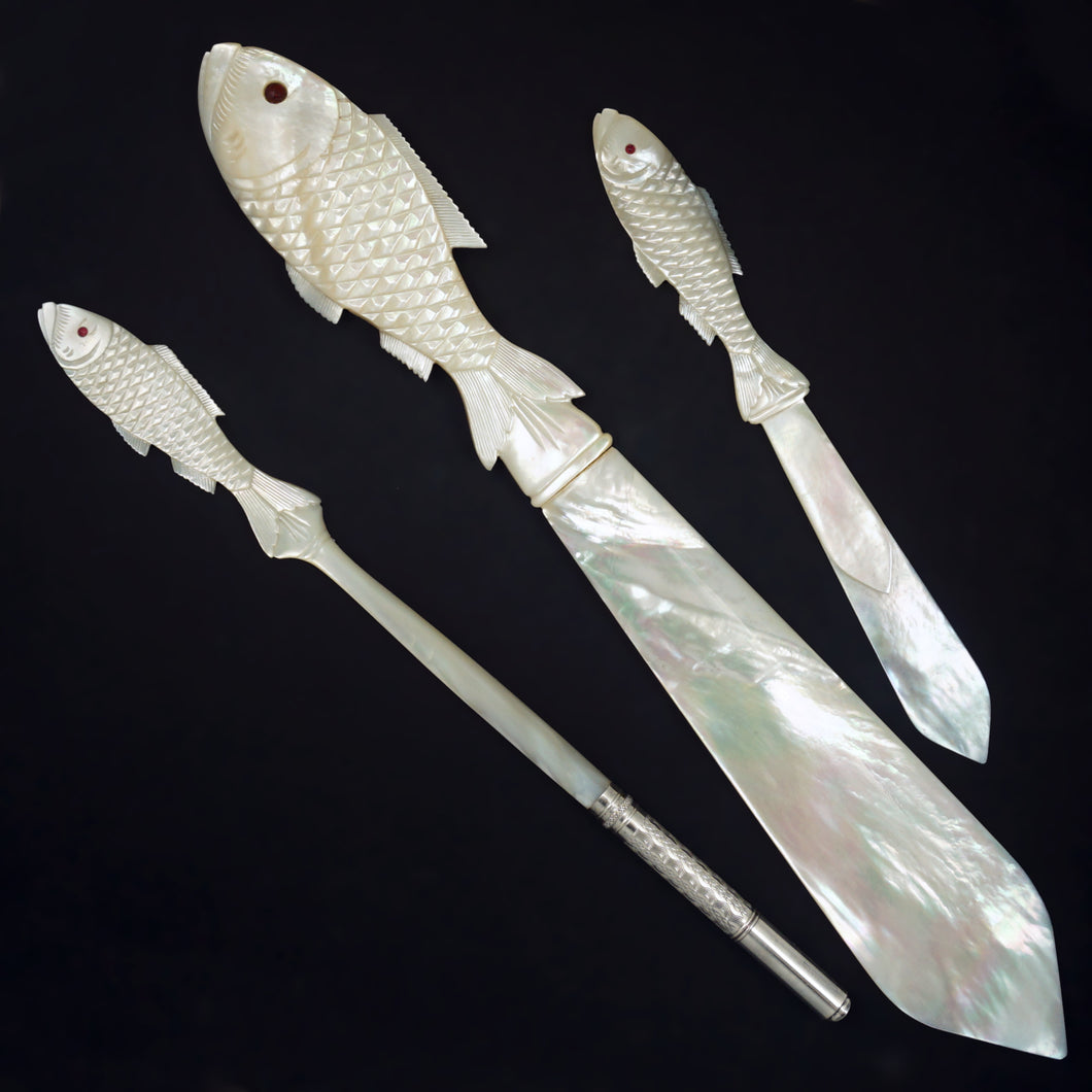 Antique French Silver & Carved Mother of Pearl Writing / Desk Set: Dip Pen, Letter Opener & Bookmark, c.1880's