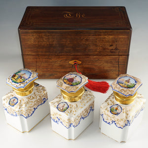 Antique French Rosewood Tea Caddy Box, Hand Painted Paris Porcelain Bottles