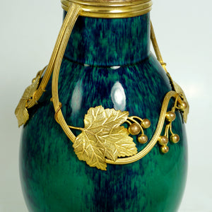 Antique French Sevres Paul Milet Ceramic Vase, Art Nouveau Gilt Bronze Ormolu, Flambe Glaze