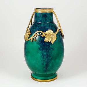 Antique French Sevres Paul Milet Ceramic Vase, Art Nouveau Gilt Bronze Ormolu, Flambe Glaze