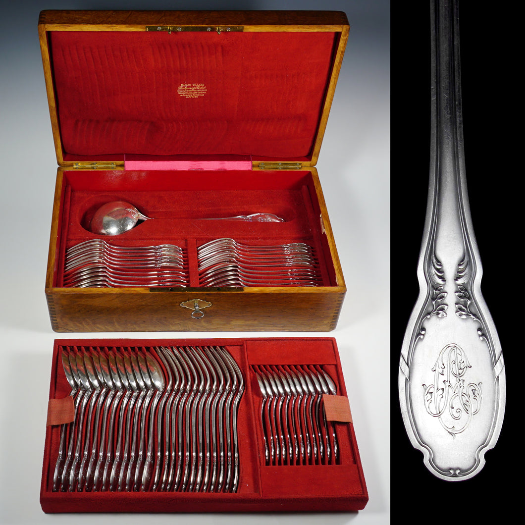 Antique French Sterling Silver 61pc Flatware Set, Service for 12, Dinner / Luncheon / Dessert, In Wooden Chest