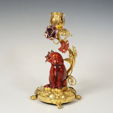 Load image into Gallery viewer, Antique French Gilt Bronze Ormolu Candle Holder Porcelain Flowers Dog Figurine Ox Blood Red Sang de Boeuf Boudoir Vanity Table
