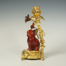 Load image into Gallery viewer, Antique French Gilt Bronze Ormolu Candle Holder Porcelain Flowers Dog Figurine Ox Blood Red Sang de Boeuf Boudoir Vanity Table
