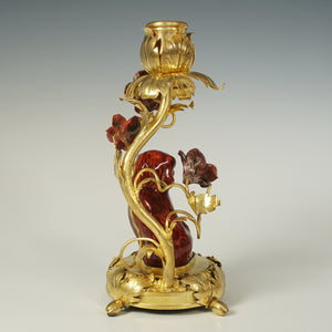 Antique French Gilt Bronze Ormolu Candle Holder Porcelain Flowers Dog Figurine Ox Blood Red Sang de Boeuf Boudoir Vanity Table