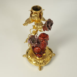Antique French Gilt Bronze Ormolu Candle Holder Porcelain Flowers Dog Figurine Ox Blood Red Sang de Boeuf Boudoir Vanity Table