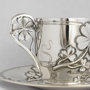 Antique French Sterling Silver Coffee Tea Cup & Saucer Set, Shamrock Clover Antique French Sterling Silver Coffee Tea Cup & Saucer Set, Shamrock Clover
