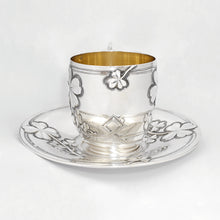 Load image into Gallery viewer, Antique French Sterling Silver Coffee Tea Cup &amp; Saucer Set, Shamrock Clover Antique French Sterling Silver Coffee Tea Cup &amp; Saucer Set, Shamrock Clover
