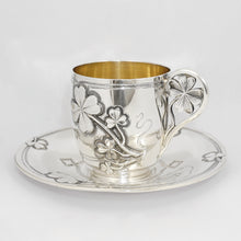 Load image into Gallery viewer, Antique French Sterling Silver Coffee Tea Cup &amp; Saucer Set, Shamrock Clover Antique French Sterling Silver Coffee Tea Cup &amp; Saucer Set, Shamrock Clover
