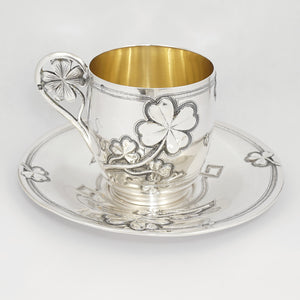 Antique French Sterling Silver Coffee Tea Cup & Saucer Set, Shamrock Clover Antique French Sterling Silver Coffee Tea Cup & Saucer Set, Shamrock Clover