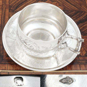 Antique French Sterling Silver Tea Cup & Saucer, Engraved Bird