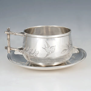Antique French Sterling Silver Tea Cup & Saucer, Engraved Bird