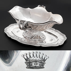 Antique French Sterling Silver Gravy Boat Leon Lapar Heraldic Crown Engraving