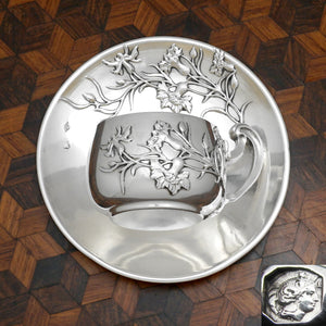 Antique French Sterling Silver Demitasse Cup &amp; Saucer, Thistle Coffee Tea Moka