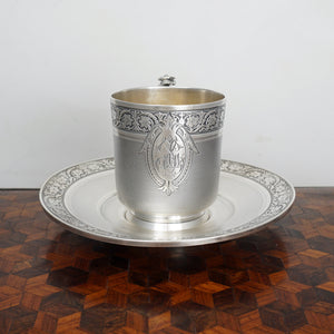 Antique French Sterling Silver Cup Saucer Set, Guilloche Engraving