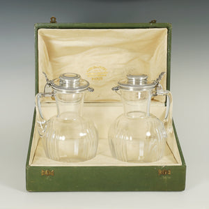 Pair Antique French Sterling Silver Cut Crystal Carafe Decanters, Risler & Carré, Boxed Set
