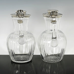 Pair Antique French Sterling Silver Cut Crystal Carafe Decanters, Risler & Carré, Boxed Set