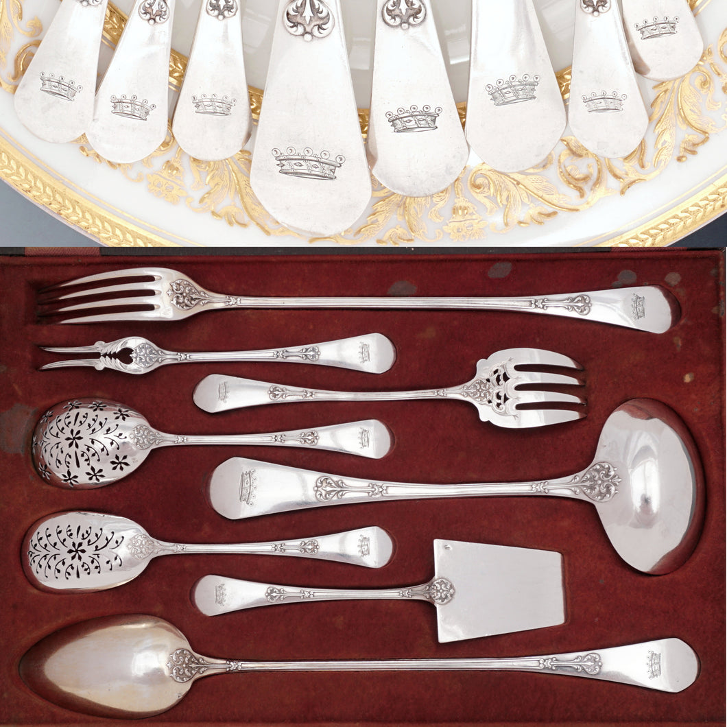 Antique French Sterling Silver 8pc Dessert / Hors d'Oeuvre Set, Heraldic Crown