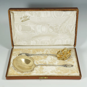 Antique French Sterling Silver Gold Vermeil Strawberry Spoon & Sugar Sifter Dessert Set