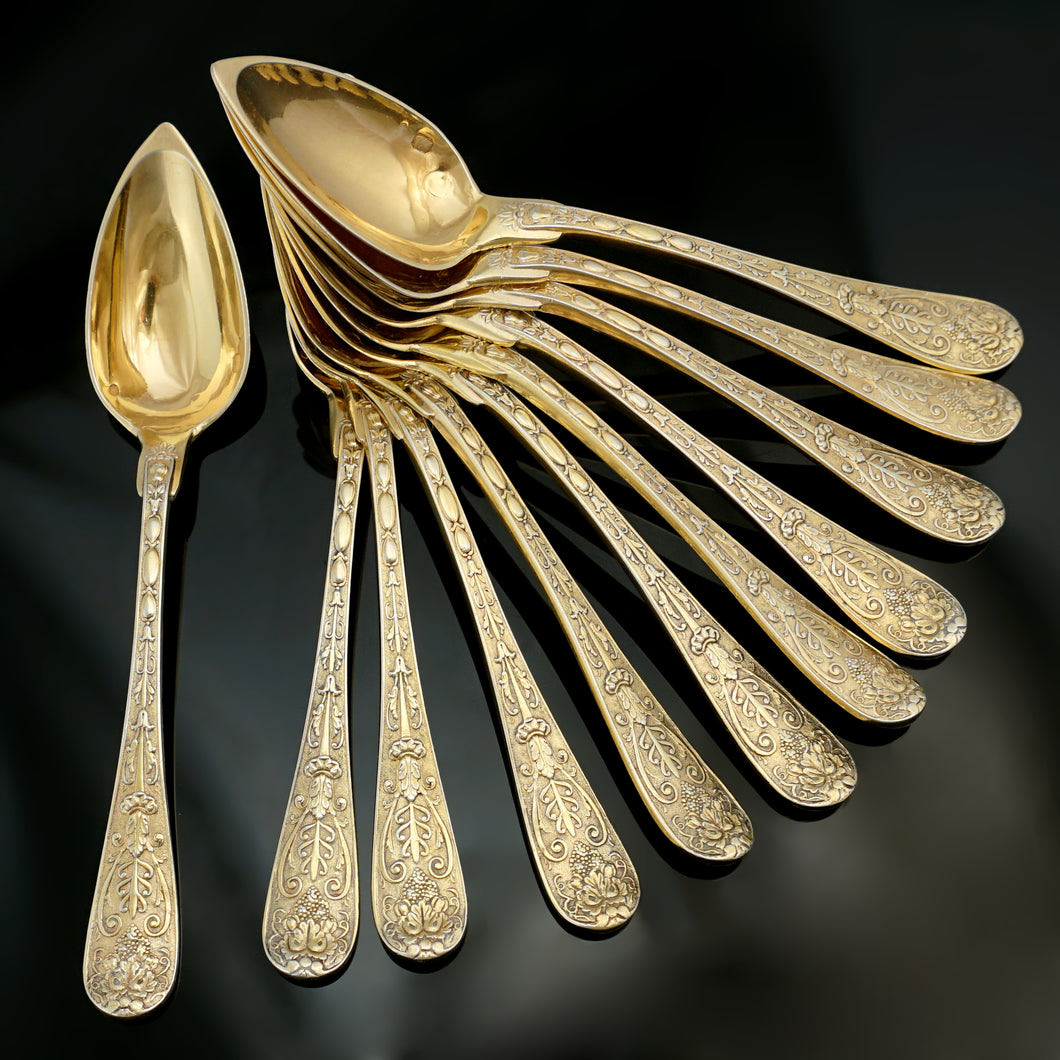 Antique French Sterling Silver Gilt Vermeil Tea Spoon Set, Teaspoons