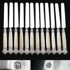 12 Antique French Sterling Silver Knives, Carved Mother of Pearl Handles, Boxed Knife Set