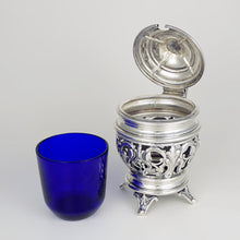 Load image into Gallery viewer, Antique French Sterling Silver Condiment Mustard Pot, Cobalt Blue Glass Liner
