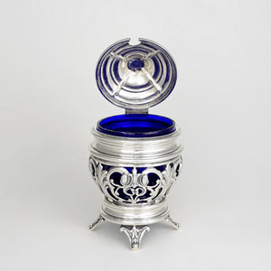 Antique French Sterling Silver Condiment Mustard Pot, Cobalt Blue Glass Liner