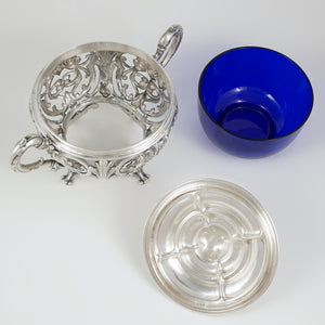 Antique French Sterling Silver Sugar Bowl, Cobalt Blue Glass, Ornate Reticulated