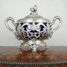 Load image into Gallery viewer, Antique French Sterling Silver Sugar Bowl, Cobalt Blue Glass, Ornate Reticulated

