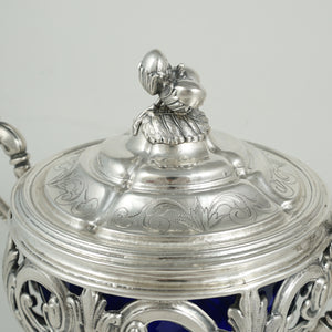 Antique French Sterling Silver Sugar Bowl, Cobalt Blue Glass, Ornate Reticulated