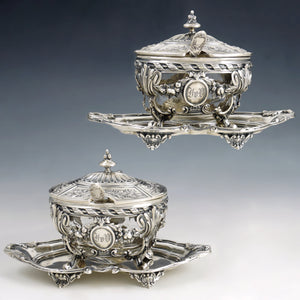 Pair Antique French Sterling Silver Mustard Pots, Louis XVI/Rococo Decoration Pair Antique French Sterling Silver Mustard Pots, Louis XVI/Rococo Decoration