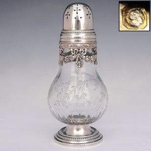Antique  French Sterling Silver  Crystal Sugar Shaker, Caster, Muffineer