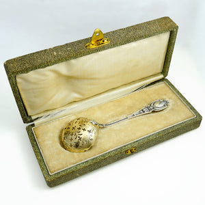 Antique French Sterling Silver Gold Vermeil Sugar Sifter Spoon, Mascaron Satyr Mask, Boxed