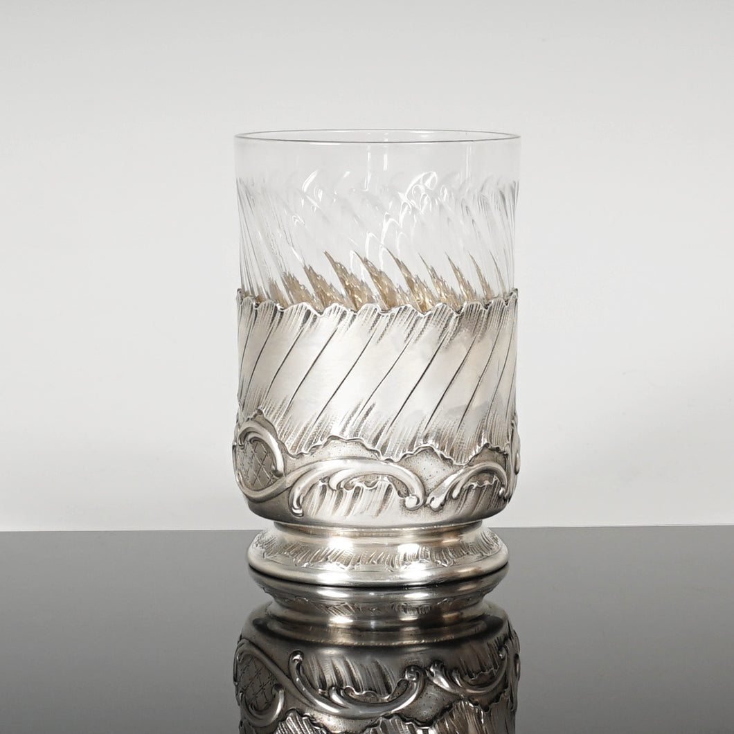 Antique French Sterling Silver Spiral Fluted Cut Glass Tumbler Cup, Rocailles