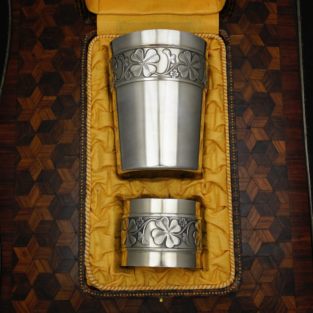 French Sterling Silver Tumbler Cup & Napkin Ring Boxed Set Art Deco Clover Motif