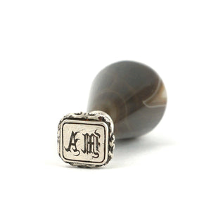 Antique French .800 Silver Wax Seal Banded Agate Stone Handle, Desk Stamp